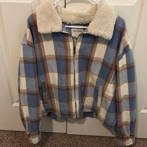 Blue and Cream Plaid Sherpa Jacket